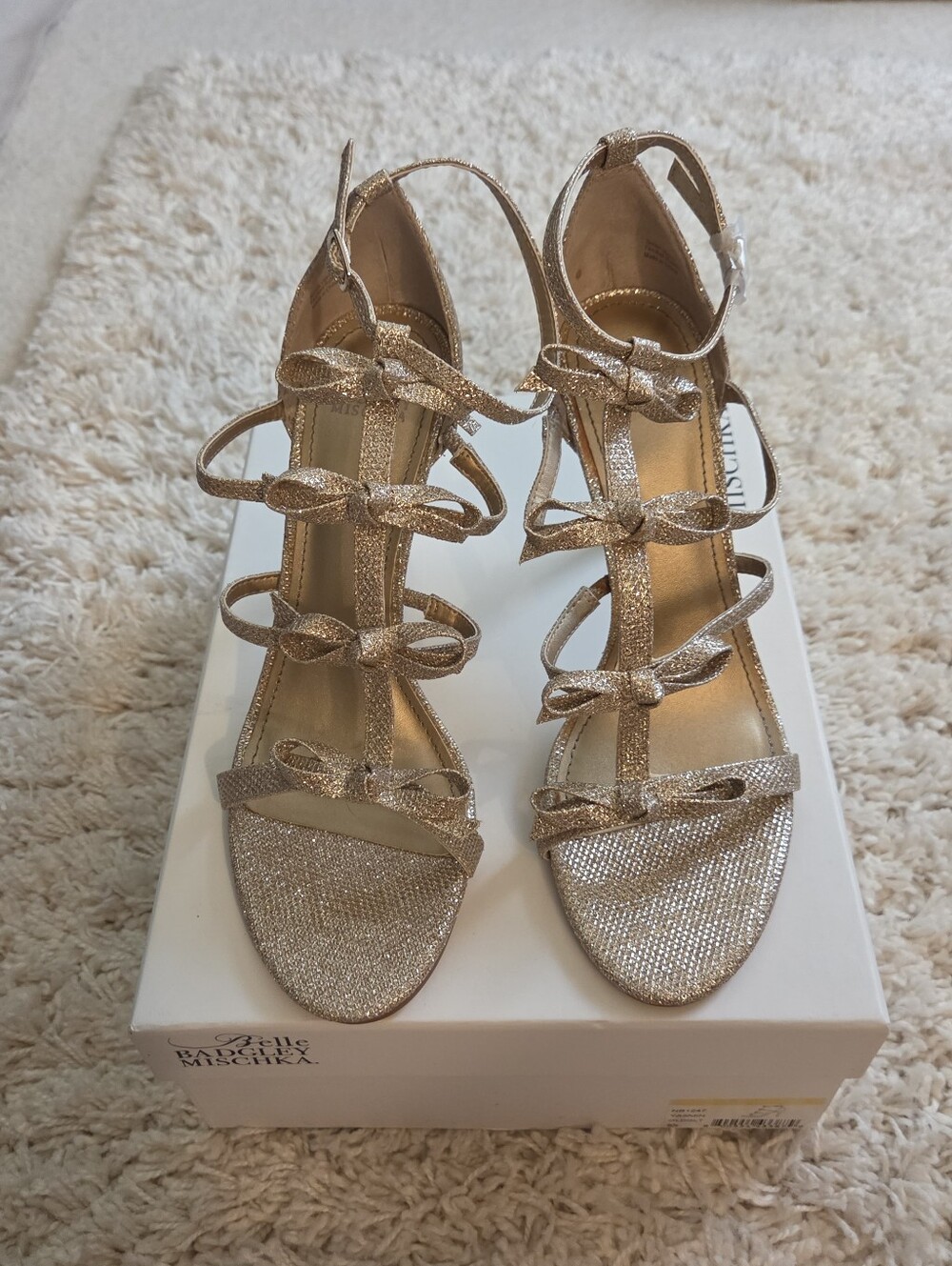 Badgley Mischka Gold Glitter Bow Strappy Heels